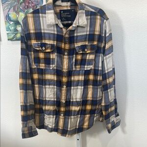 American Eagle Outfitters Blue and Yellow Casual Button Down Shirt Athletic Fit